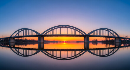 Fototapeta premium Panoramic view of the arched bridge reflecting in the river at sunrise