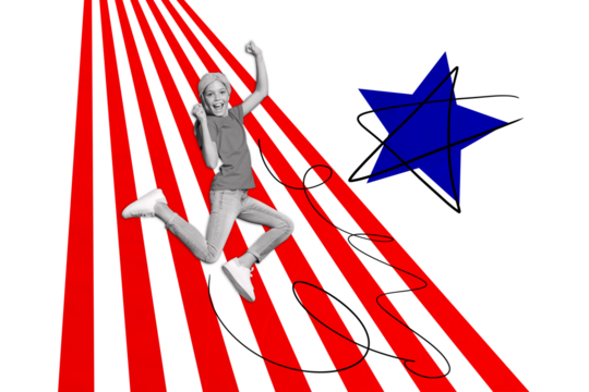 Composite collage image of excited little girl national independence america day fourth july concept bizarre unusual fantasy billboard
