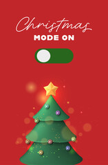 Playful Christmas tree illustration with “Christmas Mode On” concept symbolizing holiday spirit and celebration switching on. Christmas Template Vector Illustration 