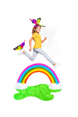 Fototapeta premium Vertical photo collage of happy teenage girl run rainbow summer holiday leisure butterfly bug relax holidays isolated on painted background