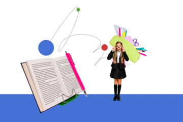 Composite photo collage of astonished girl hold glasses open book literature subject pencil case supplies isolated on painted background