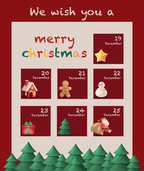 Advent-style Christmas calendar design with miniature icons and green trees wishing everyone a merry and joyful Christmas celebration. Christmas Greeting Card Design Vector Illustration 