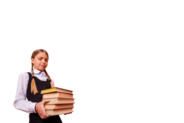 Composite photo collage of unhappy schoolgirl carry heavy book stack literature subject supplies library isolated on painted background