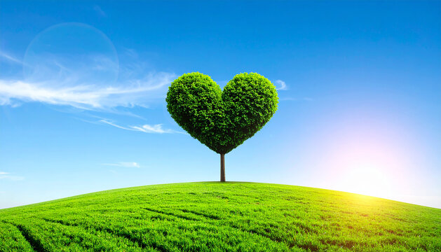 A minimal landscape with a heart-shaped tree under a clear blue sky - Powered by Adobe