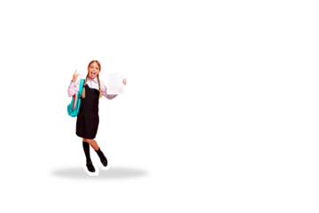 Composite photo collage of happy schoolgirl show rock roll horns gesture excellent mark test education isolated on painted background