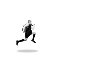 Composite photo collage of excited girl run late back school september study carry backpack education isolated on painted background