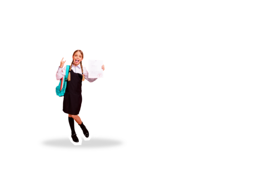 Composite photo collage of happy schoolgirl show rock roll horns gesture excellent mark test education isolated on painted background - Powered by Adobe