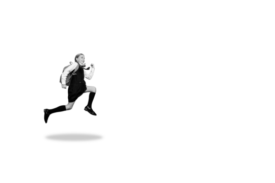 Composite photo collage of excited girl run late back school september study carry backpack education isolated on painted background