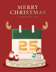 A festive 25th December calendar design with Santa and snowman celebrating Merry Christmas and a joyful New Year. Christmas Graphic Design Vector Illustration 