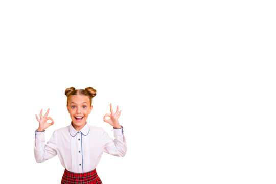 Composite photo collage of excited schoolgirl show okay fingers hands gesture approval autumn season isolated on painted background - Powered by Adobe