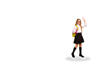 Composite photo collage of happy schoolgirl raise hand palm answer study education carry backpack fall isolated on painted background