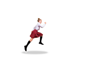 Composite photo collage of happy schoolgirl run back autumn season education concept knowledge pupil isolated on painted background