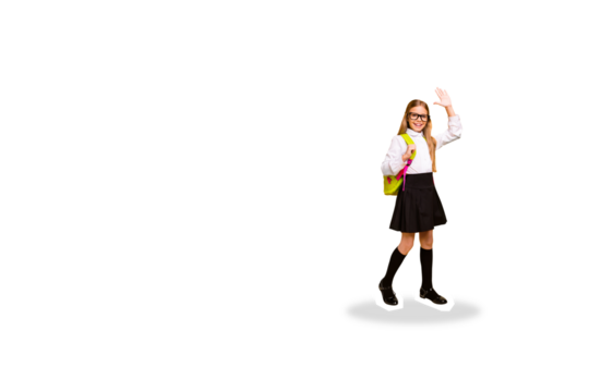 Composite photo collage of happy schoolgirl raise hand palm answer study education carry backpack fall isolated on painted background