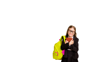 Composite photo collage of happy nerd schoolgirl enjoy read book literature novel story library education isolated on painted background