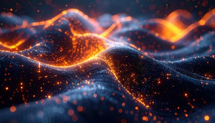 Abstract digital illustration showcases a dynamic, flowing landscape composed of glowing orange light particles over a dark, textured, undulating surface, creating a sense of movement, energy, and...