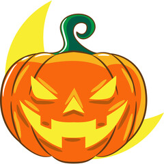 Spooky Orange Jack O Lantern Pumpkin Face with Yellow Crescent Moon Symbol on Transparent Background for Halloween Celebration and Autumn Season