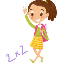Smiling young girl wearing a green sweater yellow plaid skirt and pink backpack waving happily with 2x2 math equation in front on a transparent background