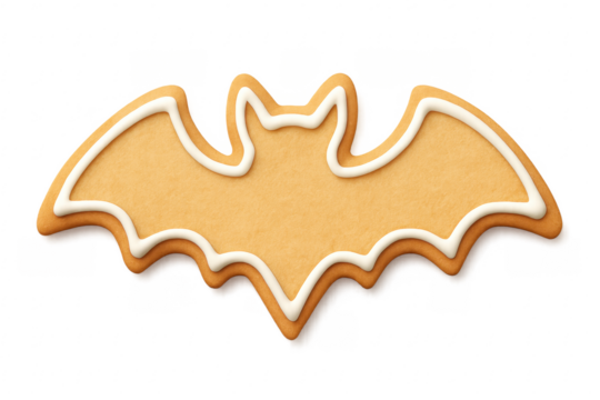Halloween bat cookie with white icing on transparent background