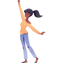 Smiling Young Woman With Dark Hair in a Ponytail Wearing an Off-the-Shoulder Peach Long-Sleeve Shirt and Light Blue Jeans Dancing Joyfully With One Arm Raised High on a Transparent White Background