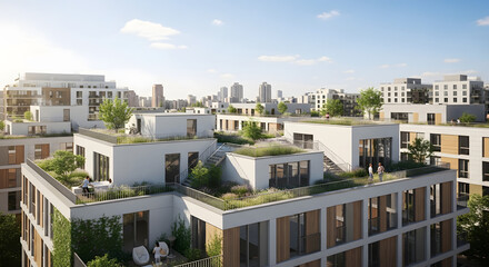 Fototapeta premium Modern apartment complex with green roofs and city skyline in the background