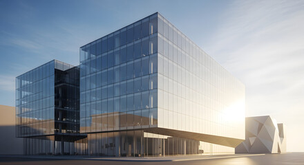 Modern office building with glass facade and sunlight reflecting on windows