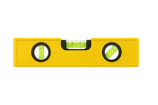 Yellow spirit level on transparent background indicating balance, precision, and finding an even surface
