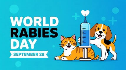 World rabies day september 28 illustration with a happy dog and cat next to a syringe, promoting vaccination and animal health awareness