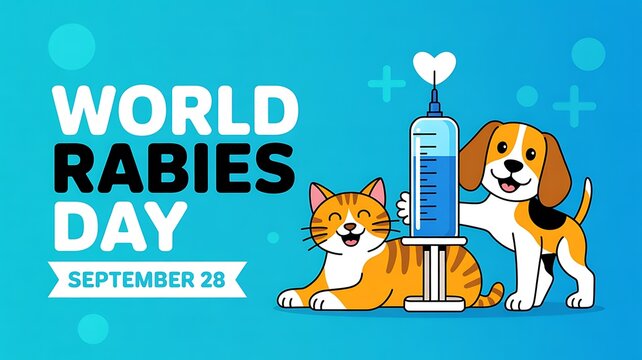 World rabies day september 28 illustration with a happy dog and cat next to a syringe, promoting vaccination and animal health awareness