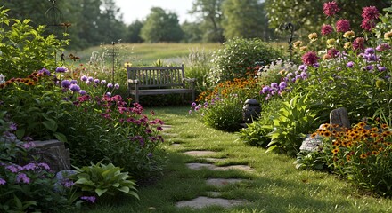 Garden path with flowers and bench
