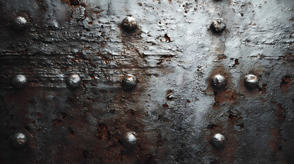 Rustic metal panel with rivets showing decay and texture. Showing the signs of aging, wear and tear, and the passage of time