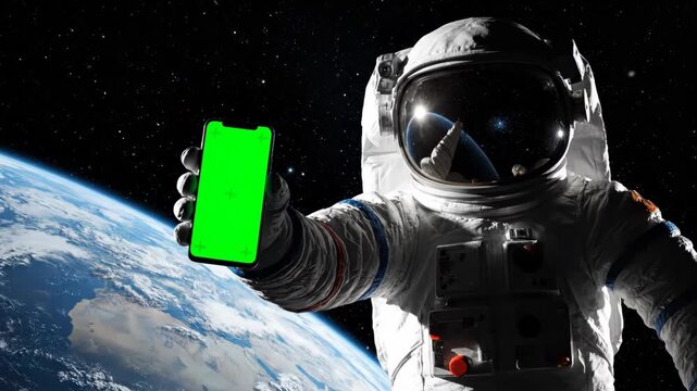 Astronaut in space holding a green screen smartphone with earth in the background, ideal for futuristic tech or space exploration themes vector illustration