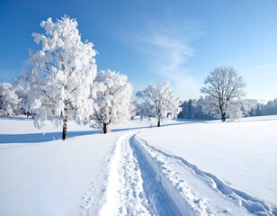 Serene winter landscape with snow-covered trees and a winding path under a clear blue sky