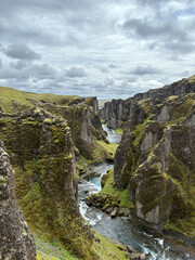 Cloudy view from the top of Fjadrargljufur, Iceland.