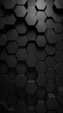 A dark, textured surface comprised of three-dimensional, glossy black hexagons, creating a repeating pattern