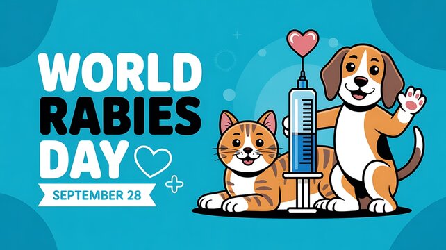 World rabies day september 28 illustration featuring a cheerful dog and cat with a syringe, emphasizing the importance of rabies prevention and animal wellbeing