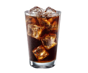 A refreshing glass of cola with ice cubes isolated on transparent background