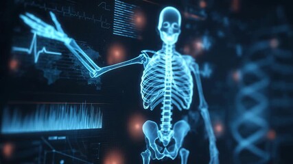 Holographic human skeleton with real time healthcare analysis of vital signs on a high tech display - Powered by Adobe
