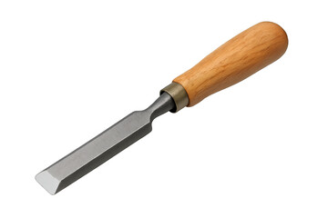Woodworking chisel with wooden handle and steel blade, essential carpenter hand tool on transparent background