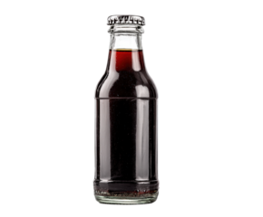A dark brown liquid fills a clear glass bottle with a metal cap, isolated on white isolated on transparent background