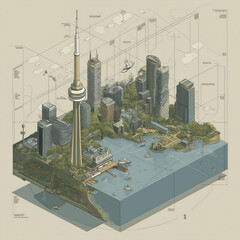 Obraz premium A futuristic cityscape of Toronto with the CN Tower in the center, surrounded by modern skyscrapers, churches as beacons of light, eco-urban design elements, bold warm colors, and clean, intentional v