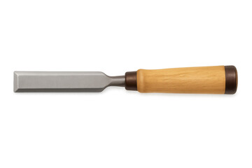 Chisel tool featuring a flat steel blade and wooden handle, a fundamental hand tool for woodworking and carving. Transparent background