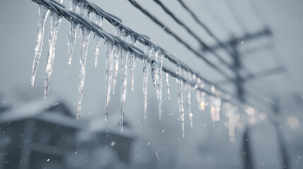 A close-up shot of icy icicles hanging from power lines, in a winter landscape, with a blurry background of a building. The ice glistens in the cold air, conveying a sense of winter chill