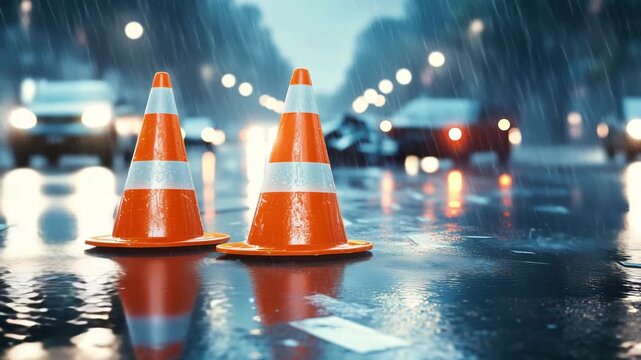 Orange traffic cones are placed on a road of a urban street at night, signaling a car accident amid falling rain and blurred city lights