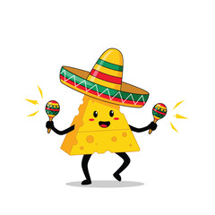 Cartoon Cheese Character with Sombrero and Maracas Celebrating.