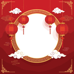 Festive Chinese New Year Lanterns and Clouds Frame.