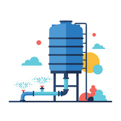 Blue Water Tank with Sprinklers and Ladder Illustration.