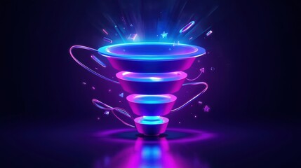 Dynamic neon funnel glows with abstract shapes and light rays, symbolizing growth and transformation in digital concepts