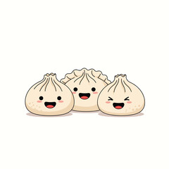 Three Adorable Dumplings with Smiling Faces in a Row.