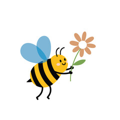 Cheerful Bee Holding a Flower Illustration.