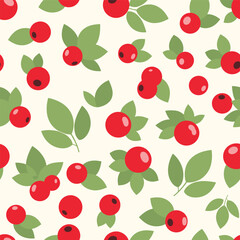 Seamless Pattern of Red Berries and Green Leaves.